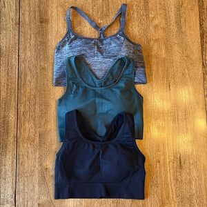 all in motion Sports Bra Trio — Heather Gray, Forest Green, Black. Size XL